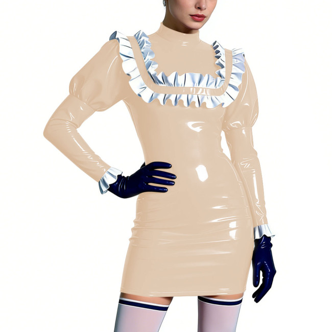 Mock Neck Shiny Ruffles Mini Dress Womens PVC Leather Short Prom Dress Cocktail Party Bodycon Dress Lolita Masquerade Costume