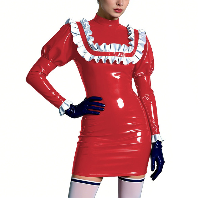 Mock Neck Shiny Ruffles Mini Dress Womens PVC Leather Short Prom Dress Cocktail Party Bodycon Dress Lolita Masquerade Costume