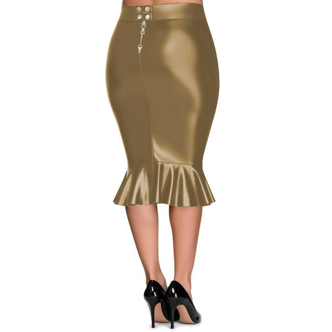 Plus Size Sexy Women Tight Midi Skirt Lockable Zipper Slim Fit High Waist PU Leather Skirts Ladies Ruffle Bodycon Skirt Clubwear