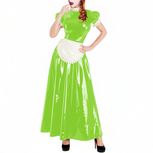 Lockable Short Sleeve Sissy Maid Dress Sets Shiny PVC Party Crossdresser Pleated Long Maid Dresses Wet Look Cosplay Outfits