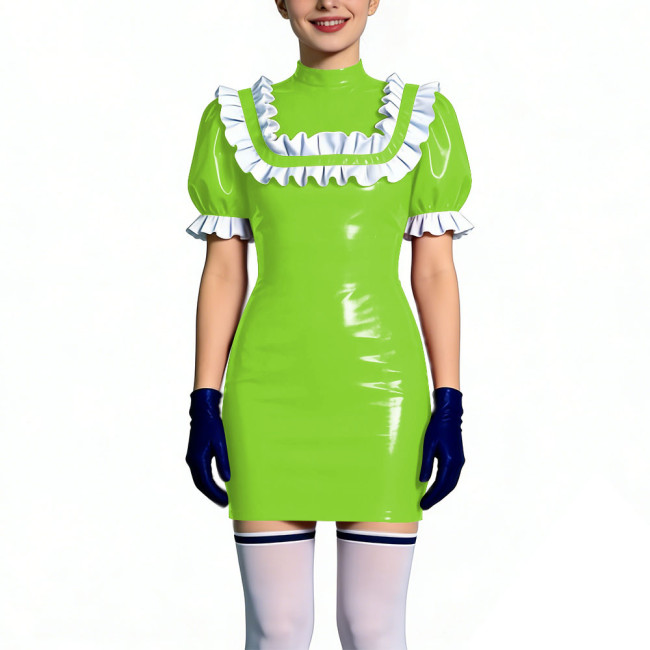 Gothic Shiny PVC Leather Bodycon Mini Dress with Ruffles Womens Short Sleeve Skinny Party Short Dress Club Tight Gown Vestidos
