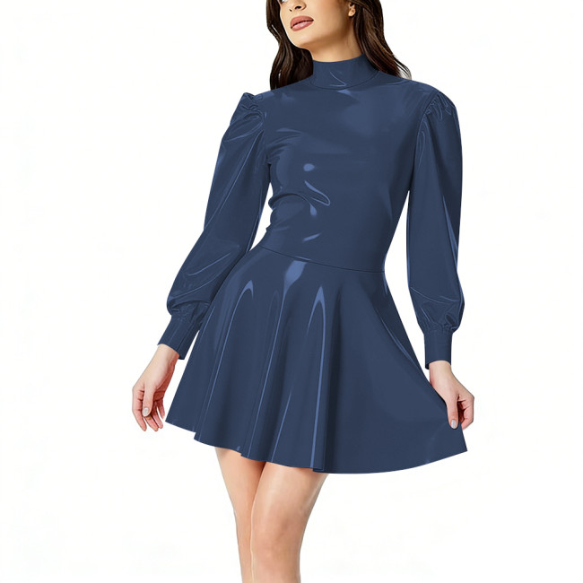 Women's PVC Shiny Mini Dress Fashion Puff Long Sleeve Turtleneck Pleated Dress Glossy Patent Leather Carnival Party Short Dress