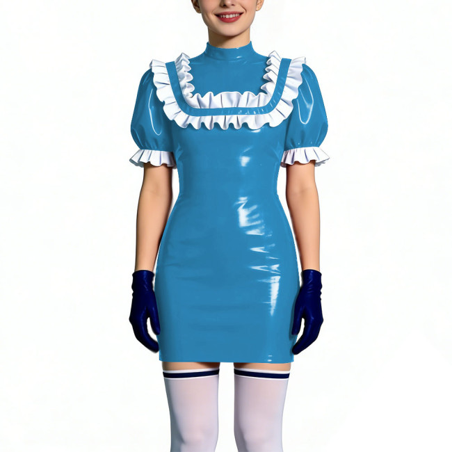 Gothic Shiny PVC Leather Bodycon Mini Dress with Ruffles Womens Short Sleeve Skinny Party Short Dress Club Tight Gown Vestidos