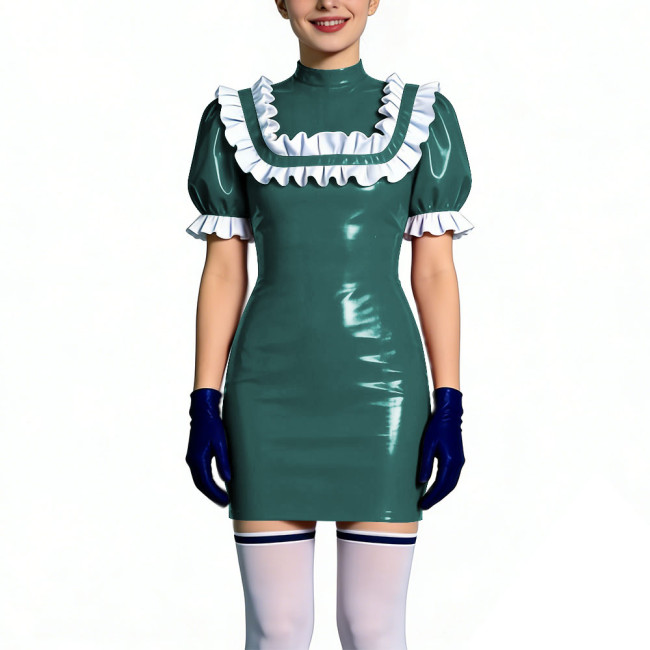 Gothic Shiny PVC Leather Bodycon Mini Dress with Ruffles Womens Short Sleeve Skinny Party Short Dress Club Tight Gown Vestidos