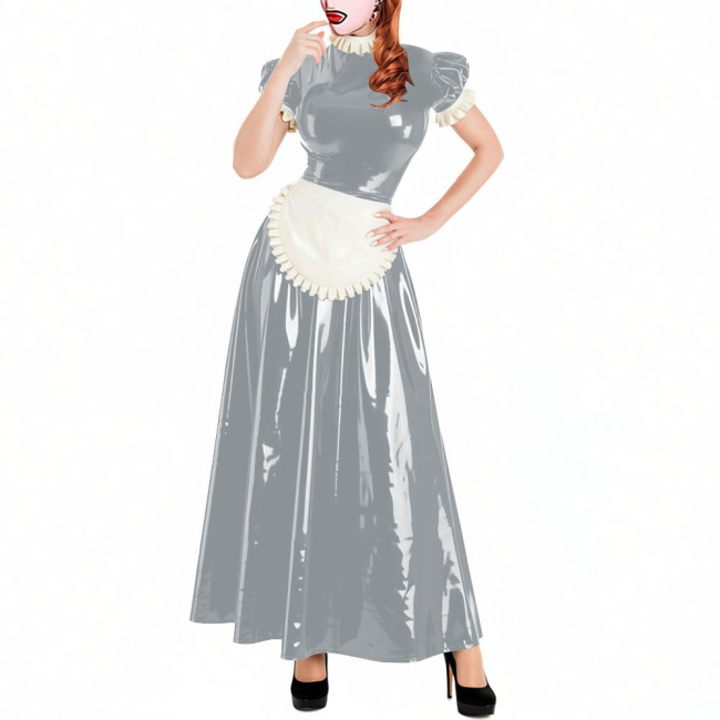 Lockable Short Sleeve Sissy Maid Dress Sets Shiny PVC Party Crossdresser Pleated Long Maid Dresses Wet Look Cosplay Outfits