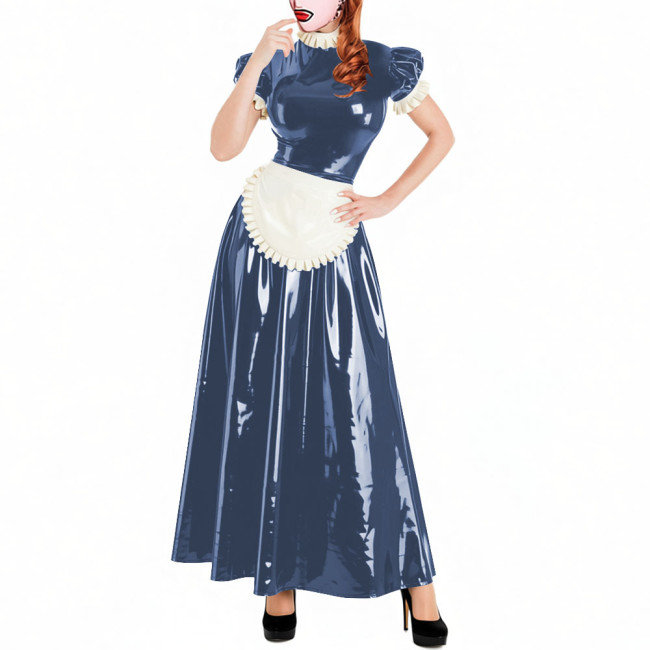 Lockable Short Sleeve Sissy Maid Dress Sets Shiny PVC Party Crossdresser Pleated Long Maid Dresses Wet Look Cosplay Outfits