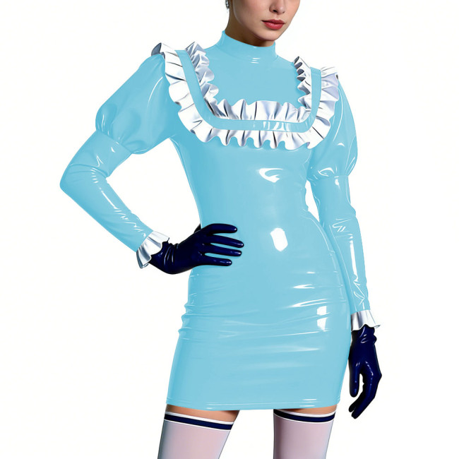 Mock Neck Shiny Ruffles Mini Dress Womens PVC Leather Short Prom Dress Cocktail Party Bodycon Dress Lolita Masquerade Costume