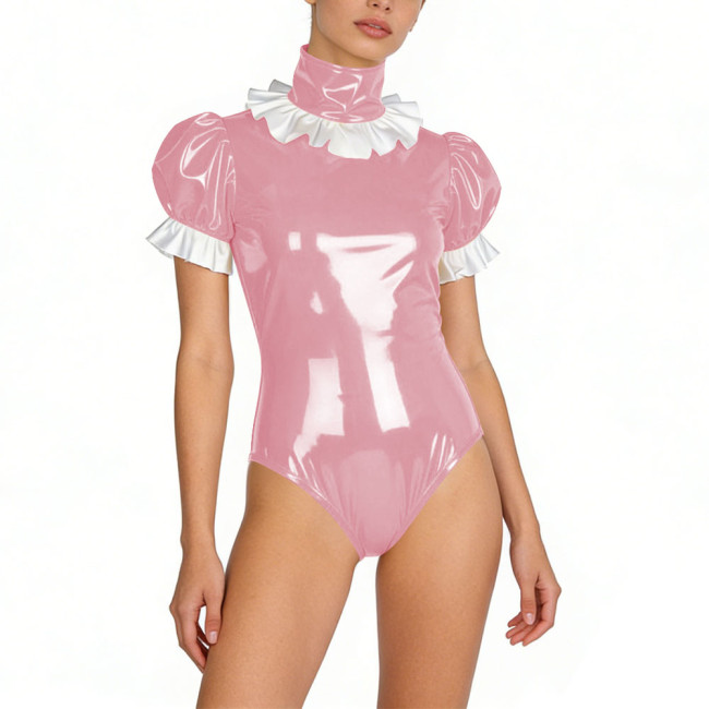 Sexy Womens PVC Glossy Leather Bodysuit Turtleneck Puff Sleeve Ruffled Lockable Skinny Rompers Party Club Stage Wetlook Playsuit