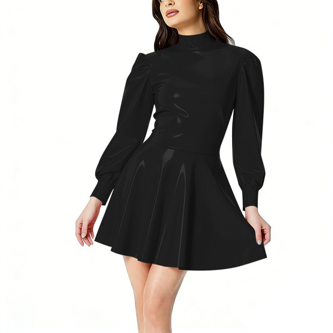 Women's PVC Shiny Mini Dress Fashion Puff Long Sleeve Turtleneck Pleated Dress Glossy Patent Leather Carnival Party Short Dress
