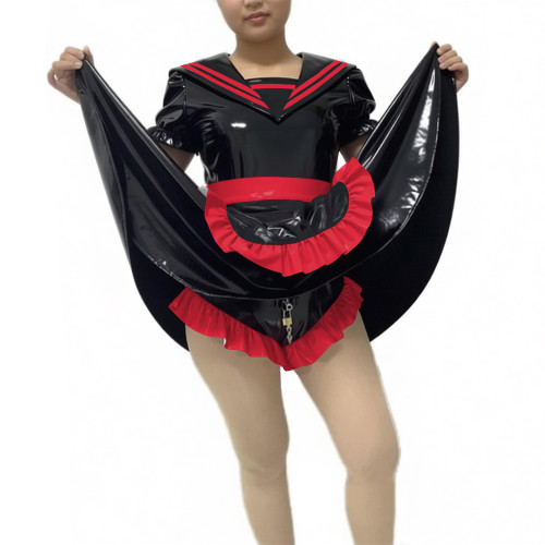 Glossy PVC Leather Lockable Maid Bodysuit with Apron Halloween Party Cosplay Outfits Mens Sissy Club Maid Sexy Skirted Rompers