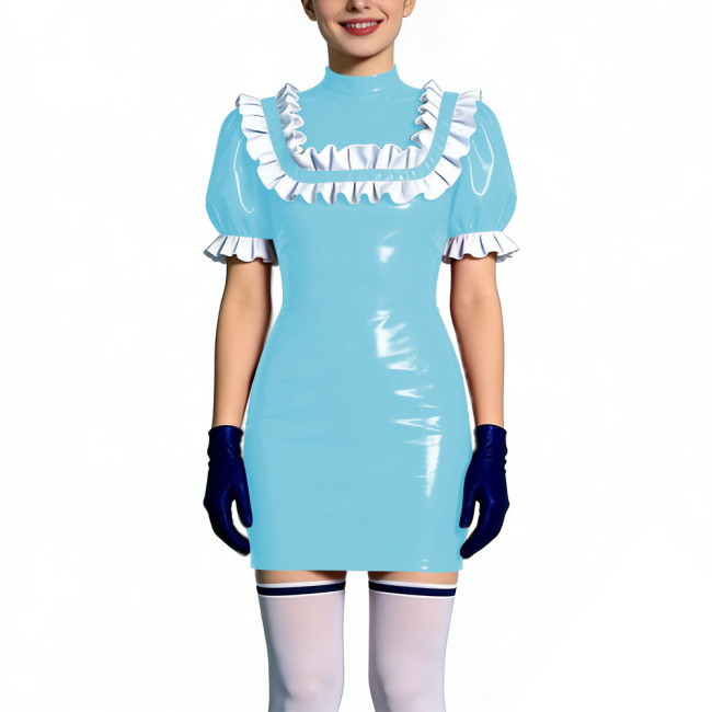 Gothic Shiny PVC Leather Bodycon Mini Dress with Ruffles Womens Short Sleeve Skinny Party Short Dress Club Tight Gown Vestidos