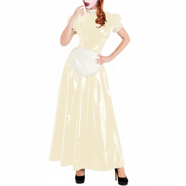 Lockable Short Sleeve Sissy Maid Dress Sets Shiny PVC Party Crossdresser Pleated Long Maid Dresses Wet Look Cosplay Outfits