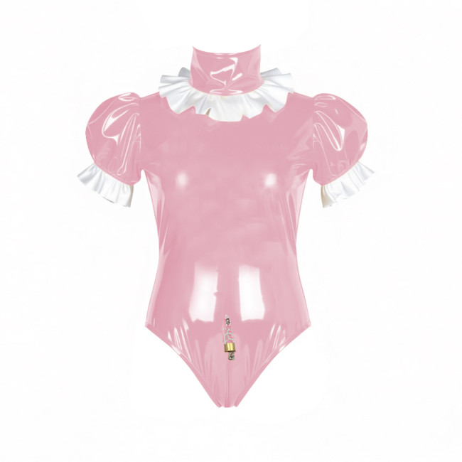 Sissy Lockable Shiny Turtleneck PVC Bodysuit Ruffle Short Sleeve Zipper Open Crotch Rompers Glossy Patent Leather Party Leotard
