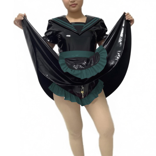 Glossy PVC Leather Lockable Maid Bodysuit with Apron Halloween Party Cosplay Outfits Mens Sissy Club Maid Sexy Skirted Rompers