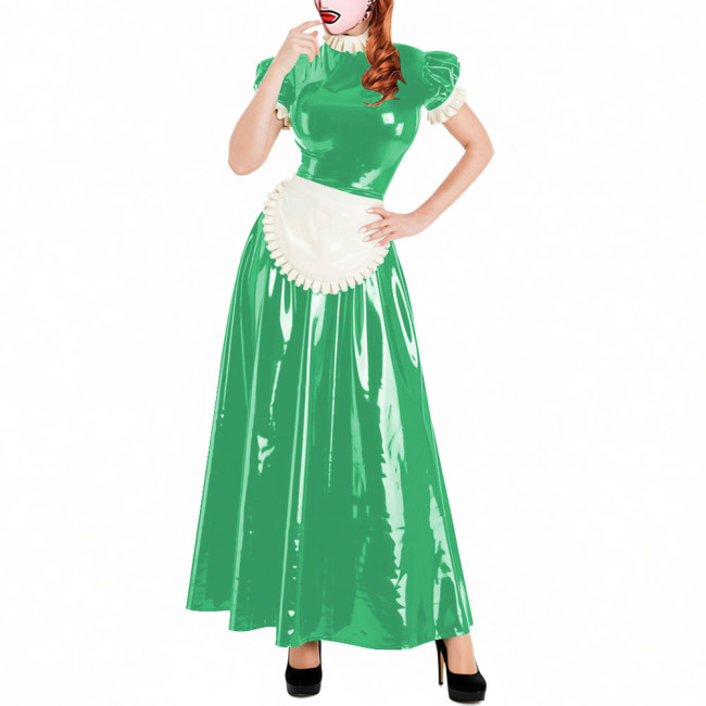 Lockable Short Sleeve Sissy Maid Dress Sets Shiny PVC Party Crossdresser Pleated Long Maid Dresses Wet Look Cosplay Outfits