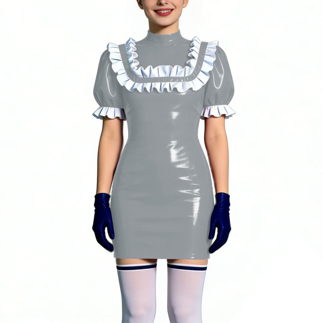 Gothic Shiny PVC Leather Bodycon Mini Dress with Ruffles Womens Short Sleeve Skinny Party Short Dress Club Tight Gown Vestidos