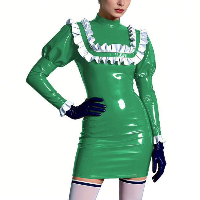 Mock Neck Shiny Ruffles Mini Dress Womens PVC Leather Short Prom Dress Cocktail Party Bodycon Dress Lolita Masquerade Costume
