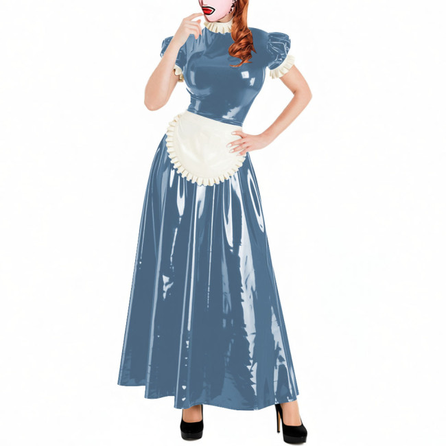 Lockable Short Sleeve Sissy Maid Dress Sets Shiny PVC Party Crossdresser Pleated Long Maid Dresses Wet Look Cosplay Outfits
