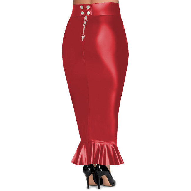 Plus Size Women's High Waist Long Hobble Skirt Lockable Zipper PU Leather Bodycon Mermaid Skirt Sissy Club Party Tight Skirts
