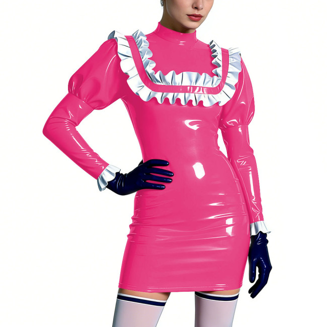Mock Neck Shiny Ruffles Mini Dress Womens PVC Leather Short Prom Dress Cocktail Party Bodycon Dress Lolita Masquerade Costume