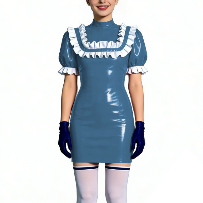 Gothic Shiny PVC Leather Bodycon Mini Dress with Ruffles Womens Short Sleeve Skinny Party Short Dress Club Tight Gown Vestidos