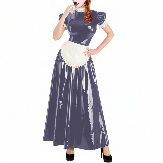 Lockable Short Sleeve Sissy Maid Dress Sets Shiny PVC Party Crossdresser Pleated Long Maid Dresses Wet Look Cosplay Outfits