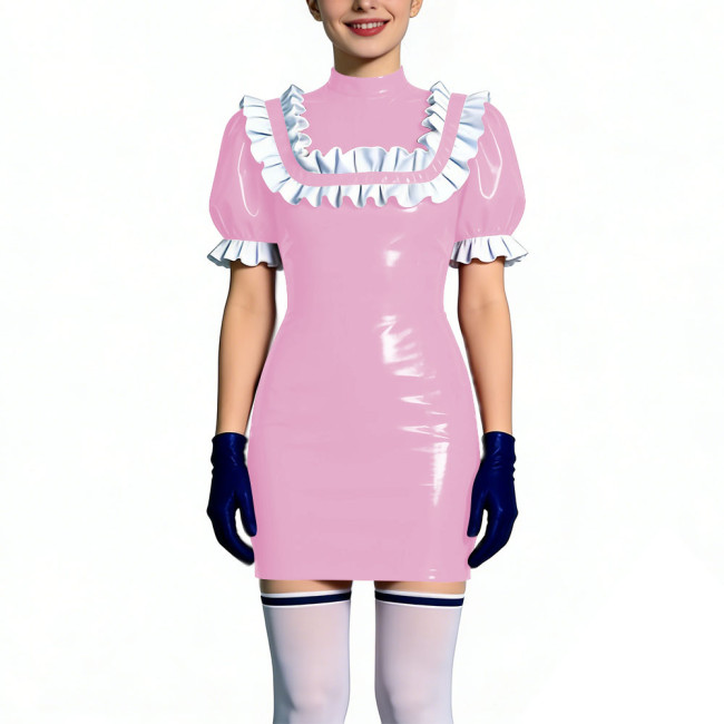Gothic Shiny PVC Leather Bodycon Mini Dress with Ruffles Womens Short Sleeve Skinny Party Short Dress Club Tight Gown Vestidos