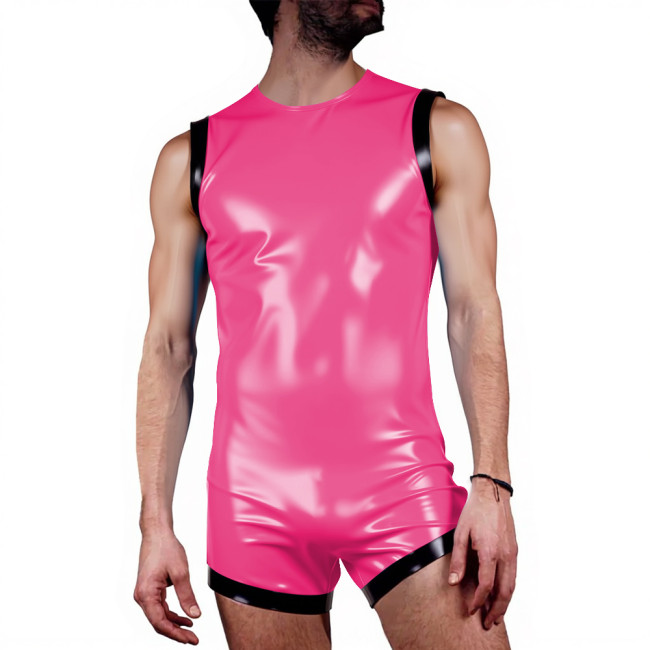 Sexy Glossy Sleeveless Tank Bodysuit for Men Vinyl PVC Leather O-neck Club Rompers Undershirt Rave Party Costume Exotic Lingerie