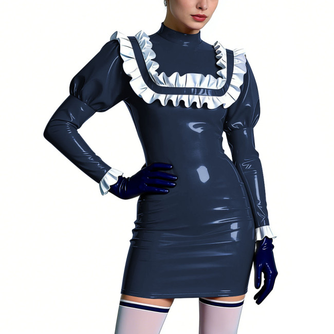 Mock Neck Shiny Ruffles Mini Dress Womens PVC Leather Short Prom Dress Cocktail Party Bodycon Dress Lolita Masquerade Costume