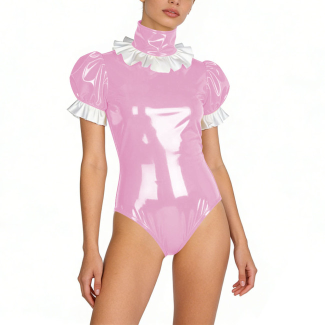 Sexy Womens PVC Glossy Leather Bodysuit Turtleneck Puff Sleeve Ruffled Lockable Skinny Rompers Party Club Stage Wetlook Playsuit