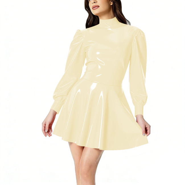 Women's PVC Shiny Mini Dress Fashion Puff Long Sleeve Turtleneck Pleated Dress Glossy Patent Leather Carnival Party Short Dress