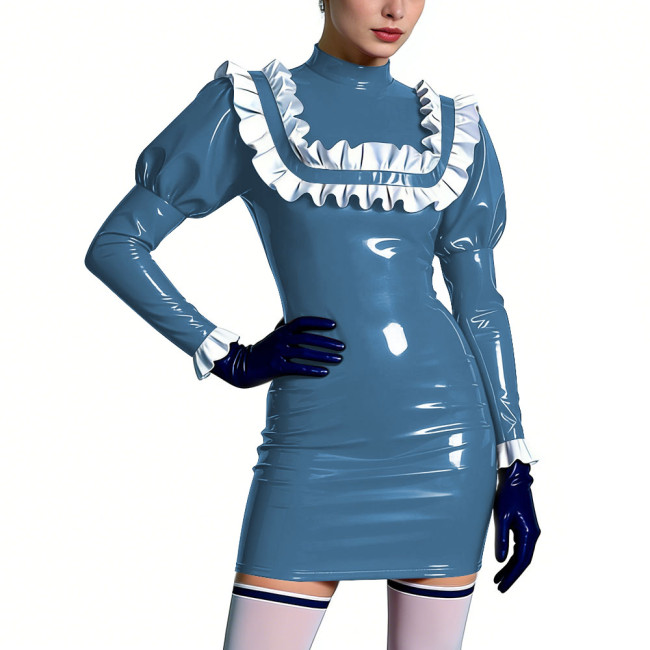 Mock Neck Shiny Ruffles Mini Dress Womens PVC Leather Short Prom Dress Cocktail Party Bodycon Dress Lolita Masquerade Costume