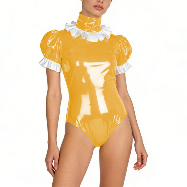 Sexy Womens PVC Glossy Leather Bodysuit Turtleneck Puff Sleeve Ruffled Lockable Skinny Rompers Party Club Stage Wetlook Playsuit