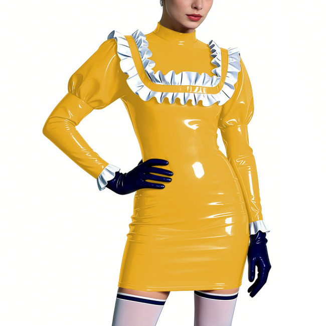 Mock Neck Shiny Ruffles Mini Dress Womens PVC Leather Short Prom Dress Cocktail Party Bodycon Dress Lolita Masquerade Costume