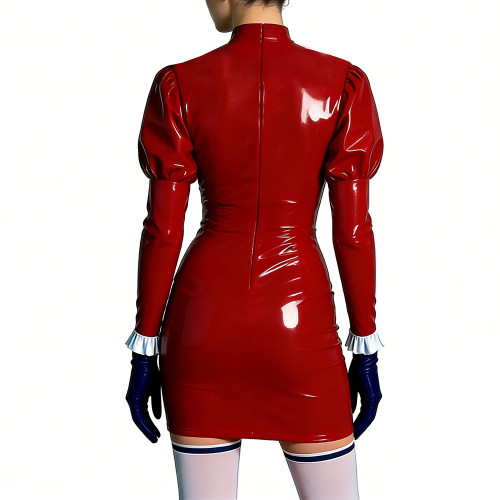 Mock Neck Shiny Ruffles Mini Dress Womens PVC Leather Short Prom Dress Cocktail Party Bodycon Dress Lolita Masquerade Costume