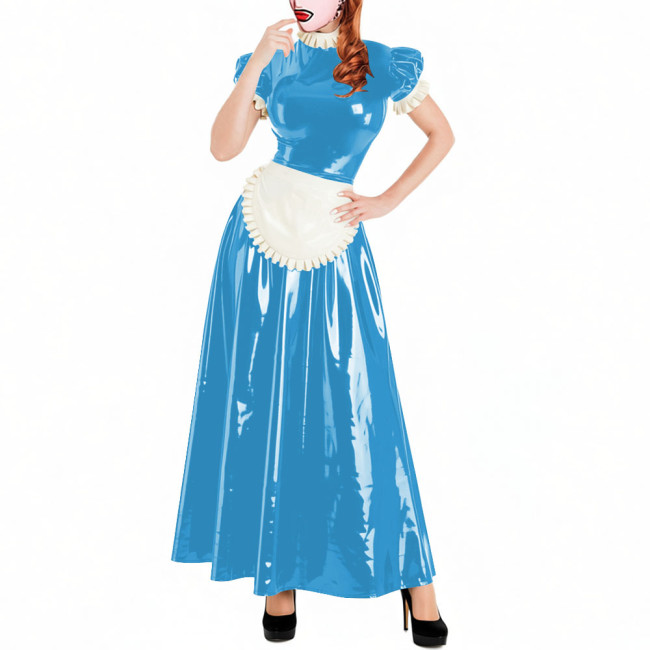 Lockable Short Sleeve Sissy Maid Dress Sets Shiny PVC Party Crossdresser Pleated Long Maid Dresses Wet Look Cosplay Outfits