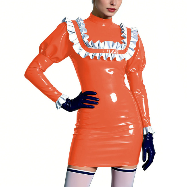 Mock Neck Shiny Ruffles Mini Dress Womens PVC Leather Short Prom Dress Cocktail Party Bodycon Dress Lolita Masquerade Costume