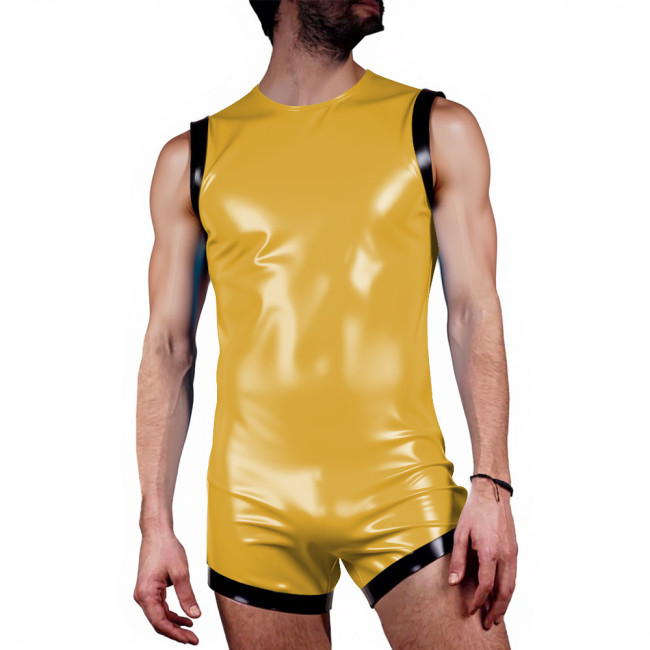 Sexy Glossy Sleeveless Tank Bodysuit for Men Vinyl PVC Leather O-neck Club Rompers Undershirt Rave Party Costume Exotic Lingerie