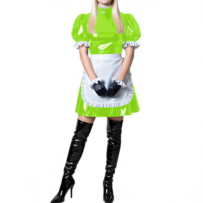 Shiny Lolita Puff Sleeve A-line Maid Dress with Apron Lockable Maid Uniforms Wet Look PVC Leather Sissy Roleplay Dress Outfits
