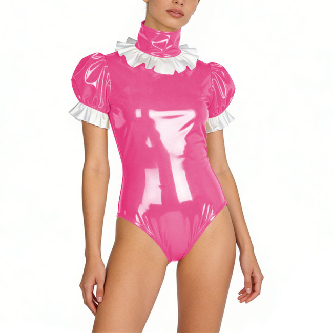 Sexy Womens PVC Glossy Leather Bodysuit Turtleneck Puff Sleeve Ruffled Lockable Skinny Rompers Party Club Stage Wetlook Playsuit