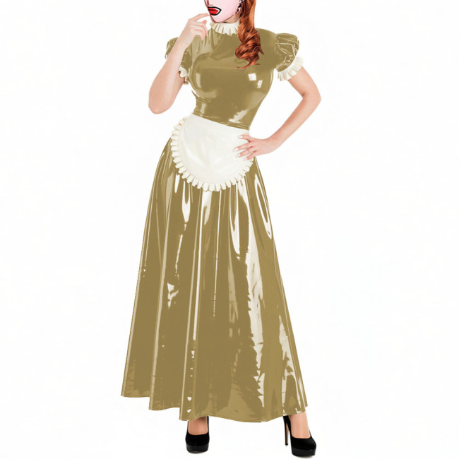 Lockable Short Sleeve Sissy Maid Dress Sets Shiny PVC Party Crossdresser Pleated Long Maid Dresses Wet Look Cosplay Outfits