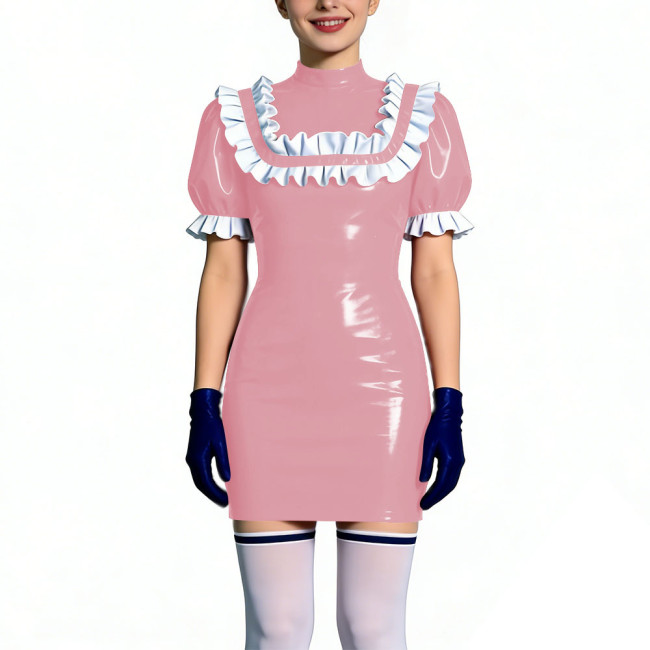 Gothic Shiny PVC Leather Bodycon Mini Dress with Ruffles Womens Short Sleeve Skinny Party Short Dress Club Tight Gown Vestidos