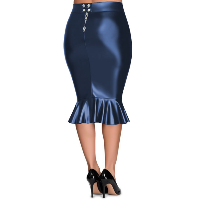 Plus Size Sexy Women Tight Midi Skirt Lockable Zipper Slim Fit High Waist PU Leather Skirts Ladies Ruffle Bodycon Skirt Clubwear