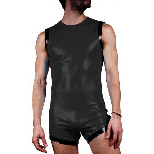 Sexy Glossy Sleeveless Tank Bodysuit for Men Vinyl PVC Leather O-neck Club Rompers Undershirt Rave Party Costume Exotic Lingerie