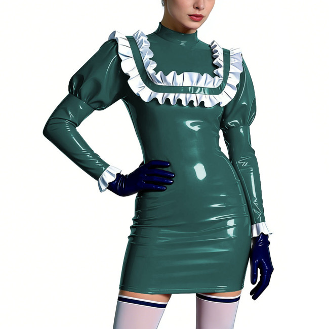 Mock Neck Shiny Ruffles Mini Dress Womens PVC Leather Short Prom Dress Cocktail Party Bodycon Dress Lolita Masquerade Costume