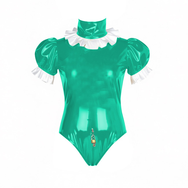 Sissy Lockable Shiny Turtleneck PVC Bodysuit Ruffle Short Sleeve Zipper Open Crotch Rompers Glossy Patent Leather Party Leotard