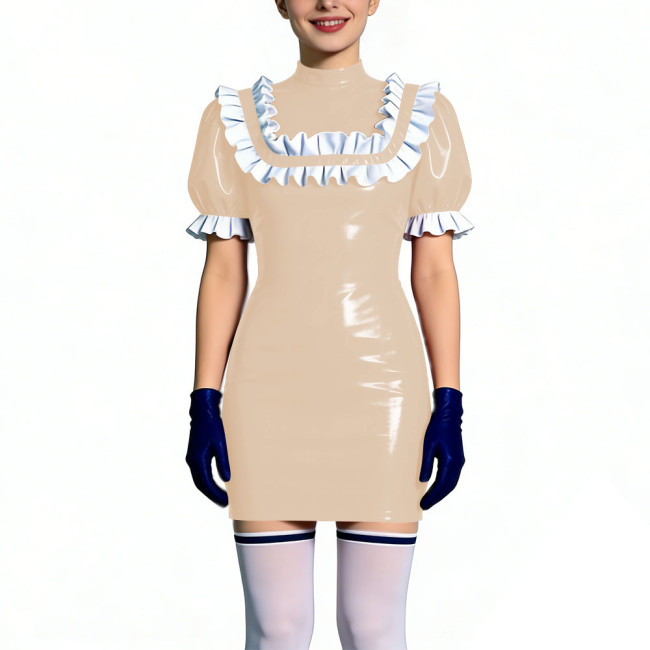 Gothic Shiny PVC Leather Bodycon Mini Dress with Ruffles Womens Short Sleeve Skinny Party Short Dress Club Tight Gown Vestidos