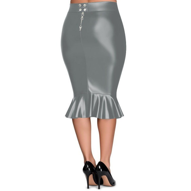 Plus Size Sexy Women Tight Midi Skirt Lockable Zipper Slim Fit High Waist PU Leather Skirts Ladies Ruffle Bodycon Skirt Clubwear