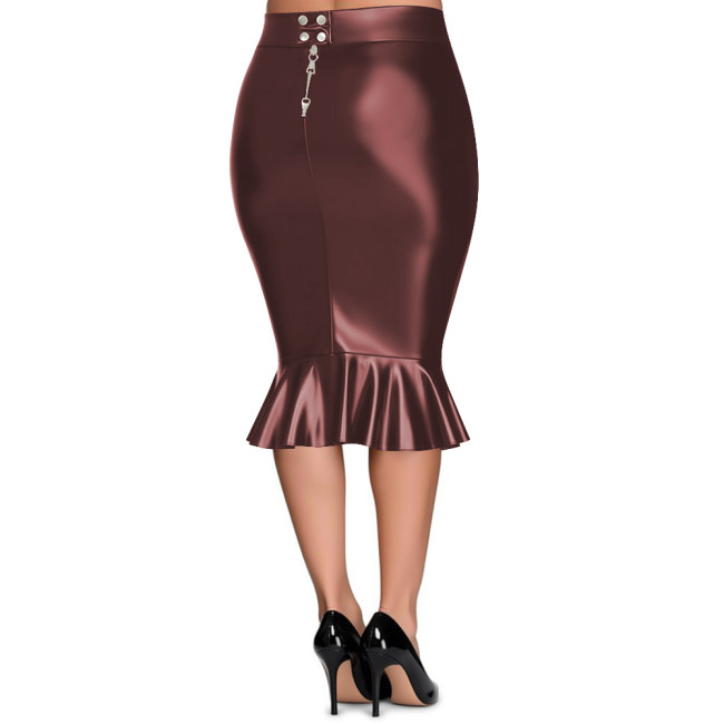 Plus Size Sexy Women Tight Midi Skirt Lockable Zipper Slim Fit High Waist PU Leather Skirts Ladies Ruffle Bodycon Skirt Clubwear