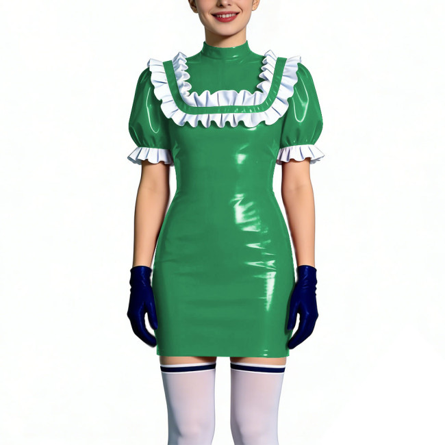 Gothic Shiny PVC Leather Bodycon Mini Dress with Ruffles Womens Short Sleeve Skinny Party Short Dress Club Tight Gown Vestidos